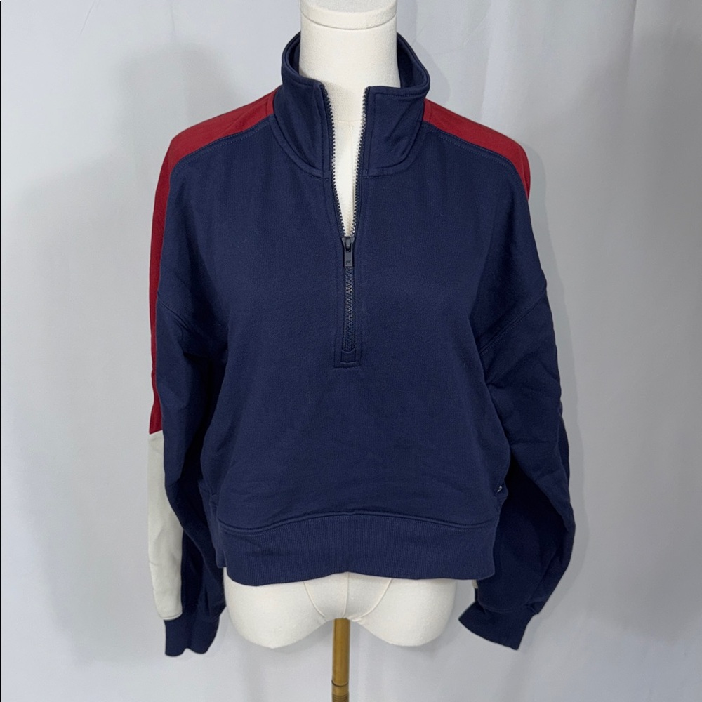 Fabletics Navy with Red and White Stripes Quarter-Zip Sweatshirt with Pockets